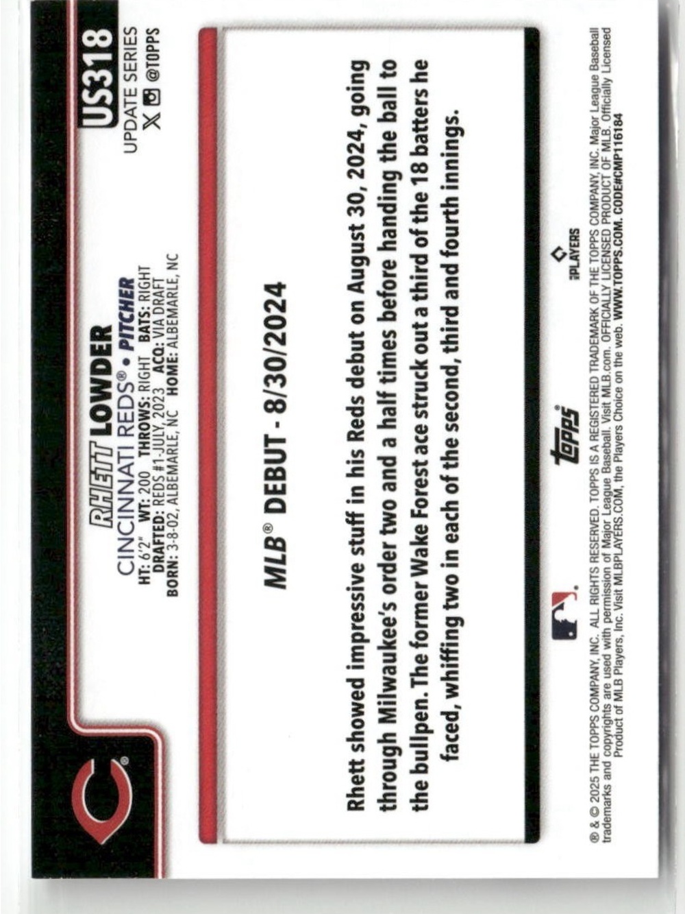 Topps Rookie Card - Rhett Lowder - Black Reds Uniform RC - Picture 2 of 2